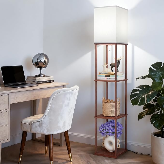 FOLKSMATE Floor Lamp with Shelves, 3-Tier Modern Square Bookshelf Floor Lamp, 3 Color Temperature Bulb Included, Floor Lamps for Living Room Bedroom Corner - Brown