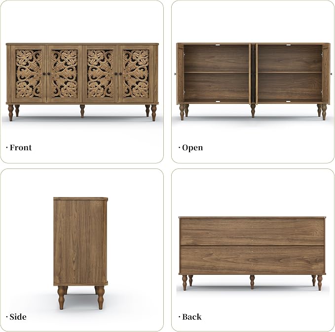 ARTPOWER 63" Retro Arc Carved Sideboard Buffet Cabinet, 4 Craft Doors Wooden Accent Credenza for Living Room, Dining Room, Entryway, Hallway, Light Walnut