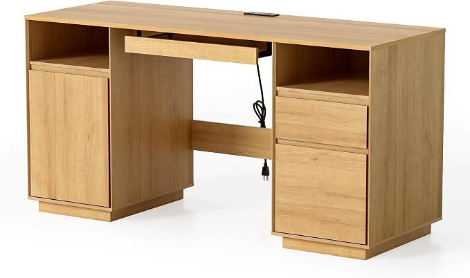 EYYTHUNG 59" Executive Desk, Farmhouse Large Home Office Desk with File Drawer & Outlet & Storage Cabinet, Wood Computer Desks with Keyboard Tray, Workspace for Study Writing, Natural Oak