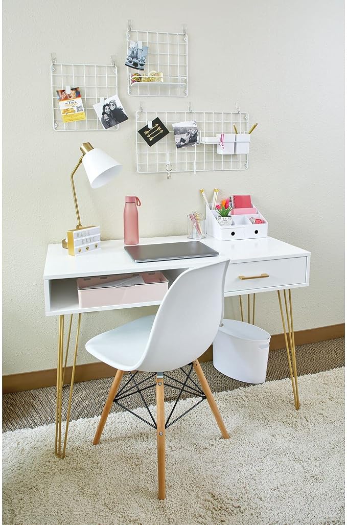 mDesign Metal/Wood Modern Minimalist Computer Desk - Computer Table with Drawer with Storage Cubby and Hairpin Legs - Small Work Desk for Home Office, Study - White/Soft Brass