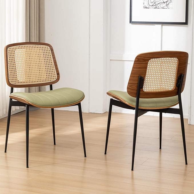 Rattan Dining Chairs Set of 4,Mid Century Green PU Leather Kitchen Chairs,Upholstered Seat Metal Legs Chairs with Adjustable Foot Pads,Walnut Armless Side Chairs