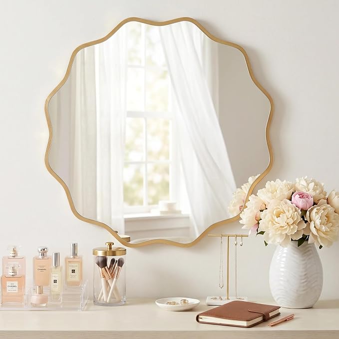 PERFNIQUE Gold Scalloped Mirror, 30'' Round Wall Mirrors Wavy Wood Framed with Tempered Glass for Bathroom Nursery Bedroom Living Room Entryway, Decorative Modern Wall Decor