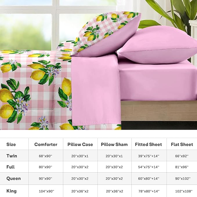 Nesker 7 Pcs Comforter Set Full Size, Stripe Lemons Fruit Bedding Set for Kids and Adults, Summer Palm Pink White Plaid Bed Sheet Sets with Fitted Sheet 2 Pillowcases & 2 Shams