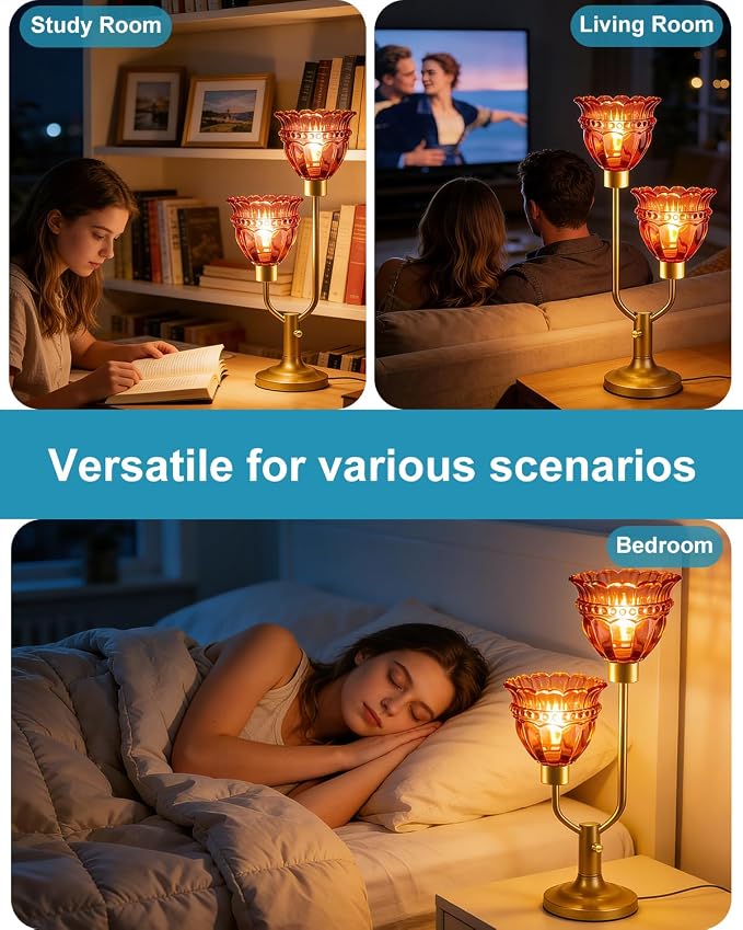 Lightdot Mid Century Modern Table Lamp Dimmable Vintage Gold Desk Lamp Red Glass Nightstand Lamp 2 Bulbs Included Warmwhite Ambient Bedside Lamps for Living Room Bedroom Girls Room Home Office Decor