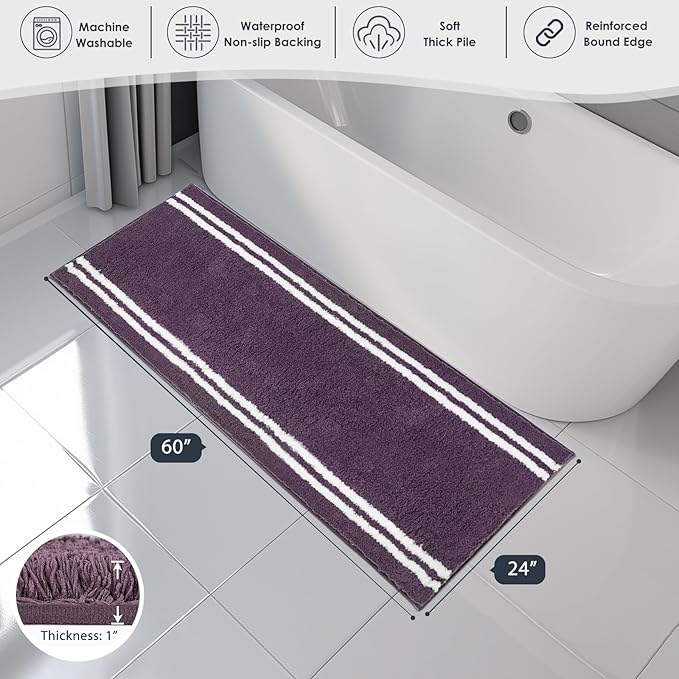 PURRUGS Bathroom Rug Non-Slip Machine Washable 24" x 60", Super Absorbent and Quick Dry Shaggy Microfiber Bath Mat, Extra Soft and Plush Bath Rug for Bathtub, Shower, and Sink, Purple