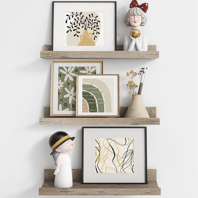Axeman Picture Ledge Shelf | 16 Inch Grey Floating Shelves Set of 3 | Rustic Grey Wood Wall Shelves with Lip | 16" Picture Shelf for Wall with Ledge | Photo Shelves