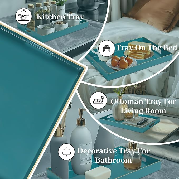 MAONAME Teal Serving Tray with Handles, Modern Decorative Tray for Coffee Table, Plastic Rectangular Trays for Ottoman, Bathroom, Decor, 15.8” x 10.2” x 1.4"