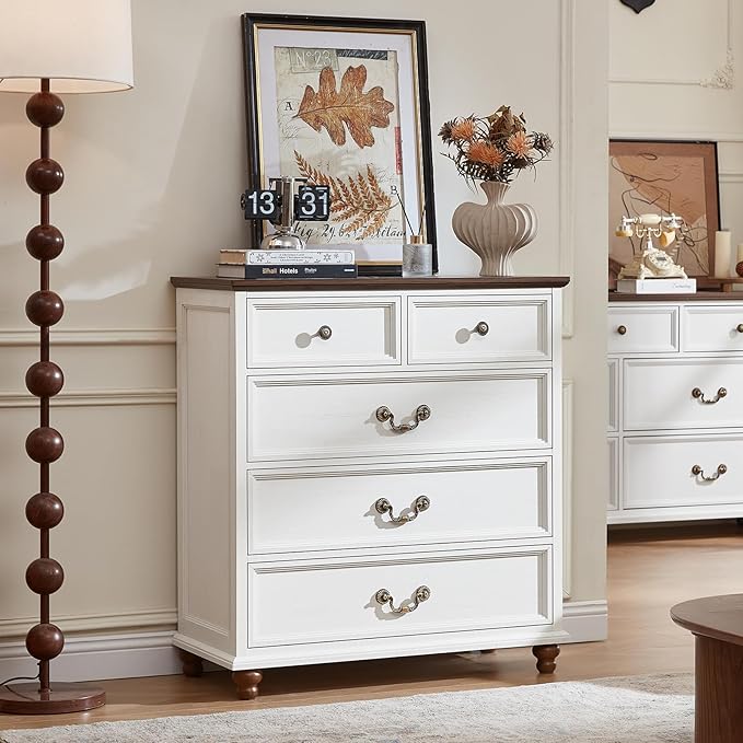Farmhouse 5 Drawer Dresser for Bedroom, 35" Tall Rustic Chests of Drawers w/ 4 Solid Wood Feet, Mid Century Modern Wooden Closet Storage Dressers Organizer for Living Room, Hallway,White