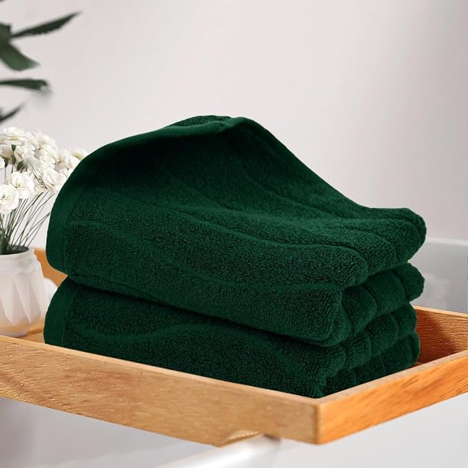 Jacquotha 4-Piece Hand Towels Set in Forest Green, Wavy Striped Jacquard Towels for Bathroom Kitchen Decor (13x29 Inches, 100% Cotton)