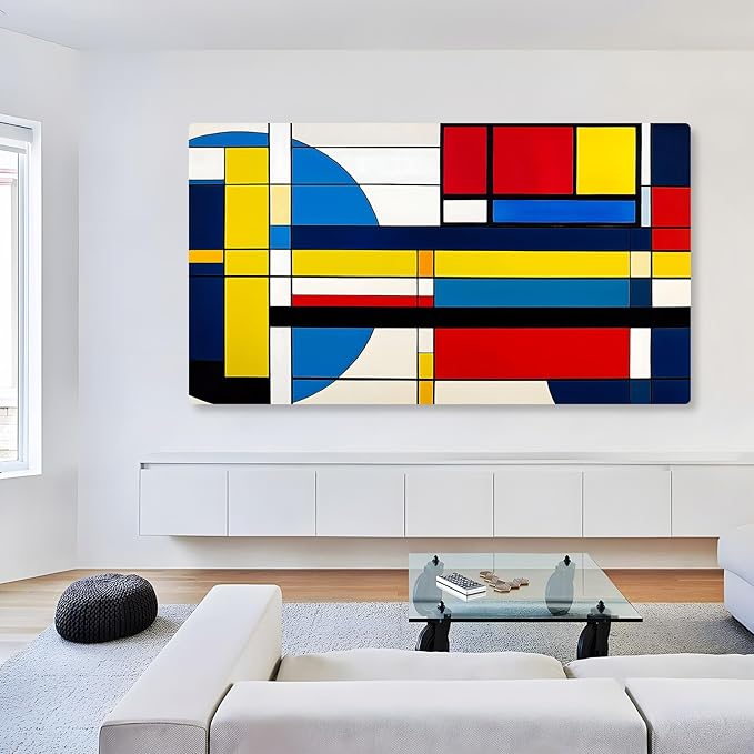 Rumftozyb Abstract Cubism Canvas Wall Art, Blue, Yellow and Red Canvas Print, Geometric Pattern Wall Art, Colorful Poster, Minimalist Wall Decor, Mid Century Modern Home Decor (30"x17" | 76x43cm)