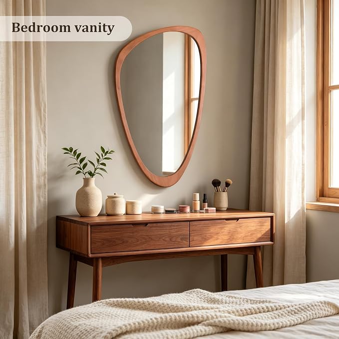 HOMECOOKIN 36" H x 23" W Asymmetrical Mirror, Irregular Wooden Wall Mirror for Bedroom, Living Room,Entryway– Boho Mid-Century Modern Decorative Mirror, Solid Wood Frame, Pebble Shaped Design (Walnut)