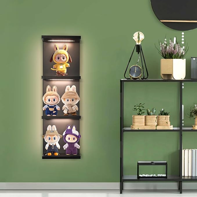 4-Tier Wall Shelf Unit with LED Lights, Floating Lack Shelf for Home Decor, Wall Mounted Vertical Display Shelf for Bedroom Living Room Vanity, Black