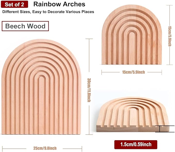 Wood Rainbow Arch - Modern Boho Room Decor for Wall Shelf, Fireplace Mantel, Counter, Table - Aesthetic Home Decoration for Living Room, Kitchen, Bedroom, Office, Nursery, Set of 2