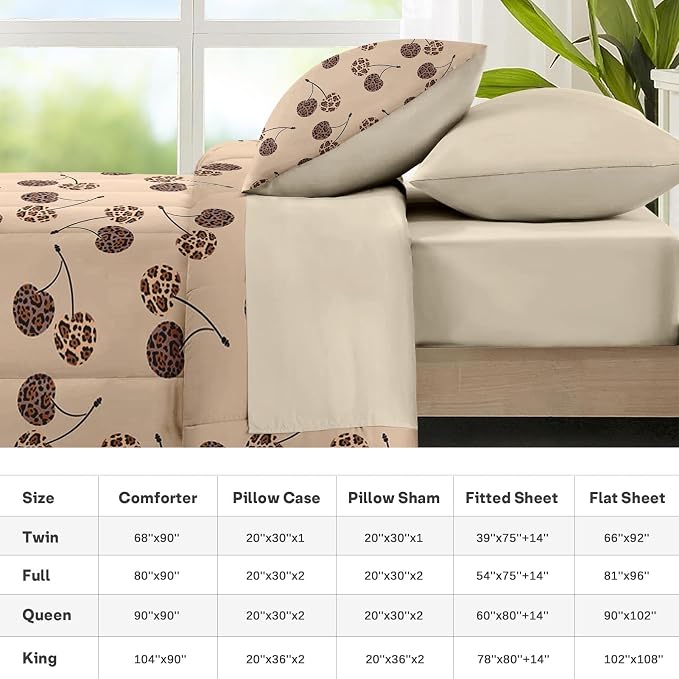 Nesker 7 Pcs Comforter Set Full Size, Cherry Leopard Beige Bedding Set for Kids and Adults, Modern Cute Brown Bed Sheet Sets with Fitted Sheet 2 Pillowcases & 2 Shams
