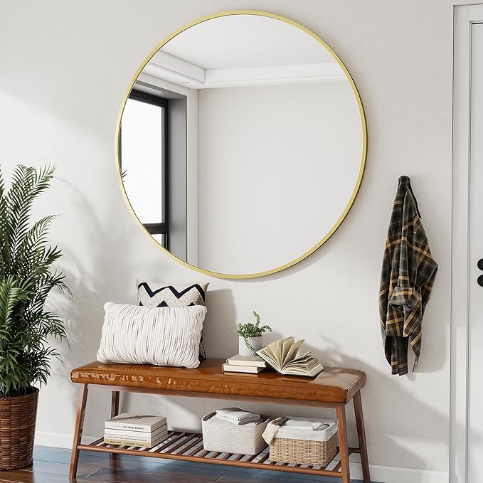VooBang Large Gold Round Bathroom Mirror, 48 inch Circle Wall Mounted Hanging Mirror with Simple Modern Circular Metal Frame for Hallway, Entryway, Living Room, Gold Frame