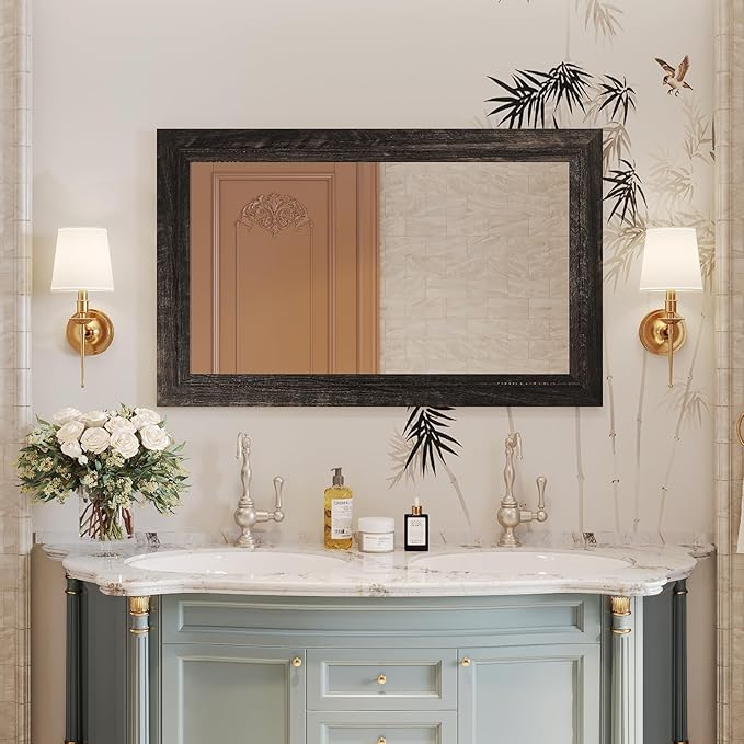 Rustic Wall-Mounted Vanity Mirror, Solid Wood Frame Bathroom Mirror, Farmhouse Style for Living Room, Bedroom, Entryway, Horizontal/Vertical Hanging