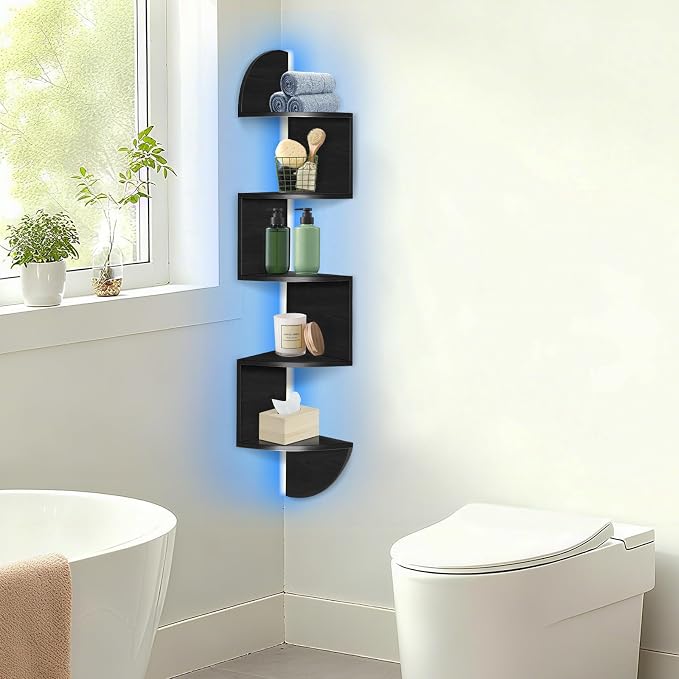 Corner Shelf Wall Mounted, 5 Tier Corner Bookshelf with Light, Corner Floating Shelves Display Shelf Stand for Bedroom, Bathroom, Living Room, Kitchen, Home, Office (Black)
