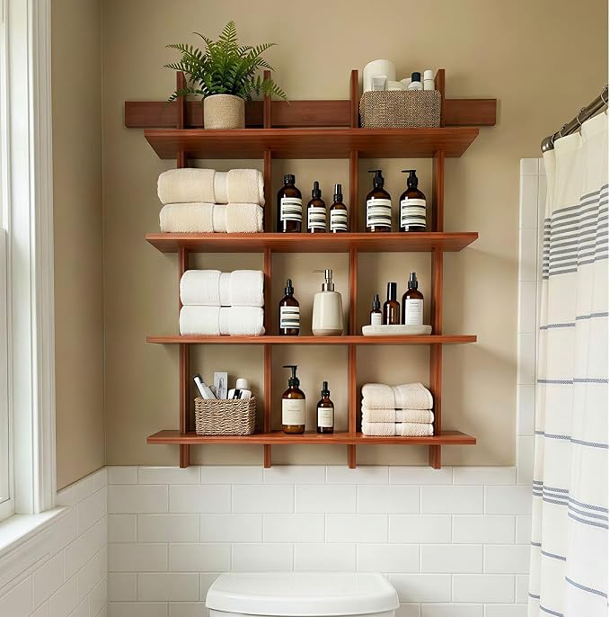 4-Tier Wall Mounted Bamboo Bookshelf, 43×52 Inch Large Floating Shelves with 600lbs Capacity, Rustic Farmhouse Heavy Duty Hanging Wall Shelf for Living Room, Coffee Bar, Book Storage, Kitchen, Brown