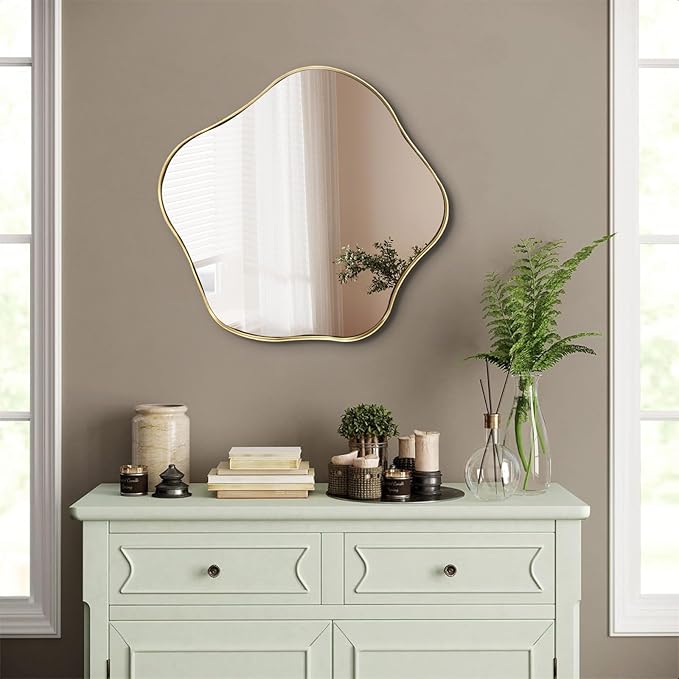 Irregular Shaped Mirror, 20" Gold Asymmetrical Mirror for Wall, Wavy Round Mirrors Decorative, Modern Scalloped Mirrors for Living Room Bathroom Bedroom Hallway Entryway Fireplace