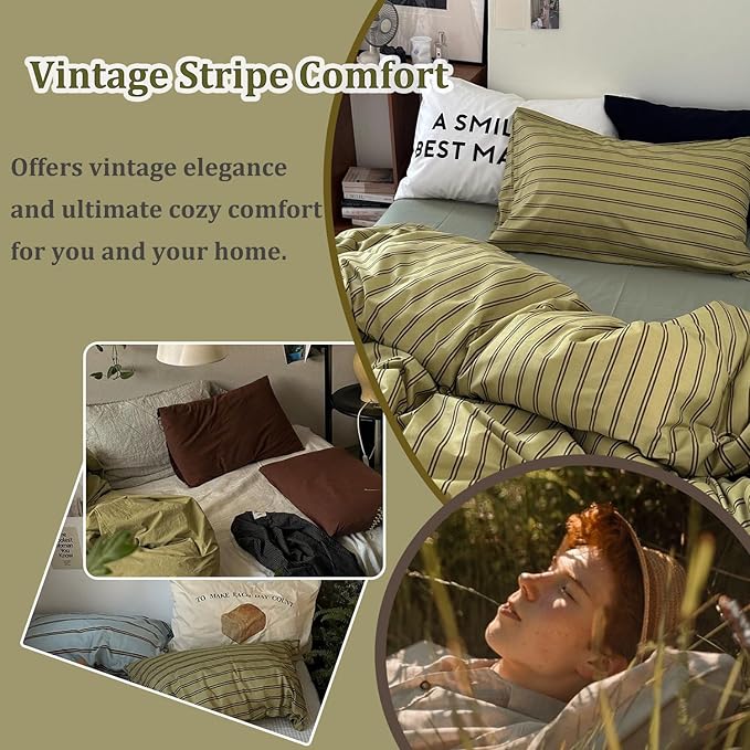 mixinni Vintage Stripes Duvet Cover Set Full - 3-Piece Mid-Century Cotton Olive & Taupe Striped Bedding, Soft Breathable All-Season Comforter Cover with Zipper Closure & Corner Ties-Full Size