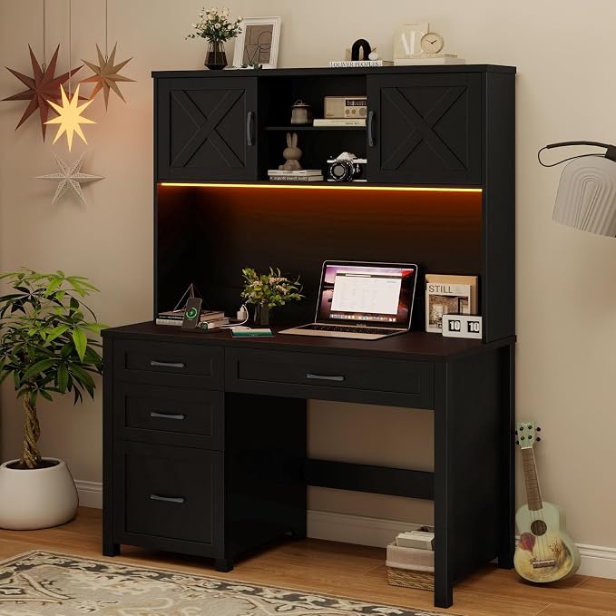 Vabches Farmhouse 67" H Executive Desk with Hutch,Office Desk with 4 Drawers and LED Light, Wood Workstation for Home Office and Study, Computer Desk with File Drawers, Charging Station.Pure Black