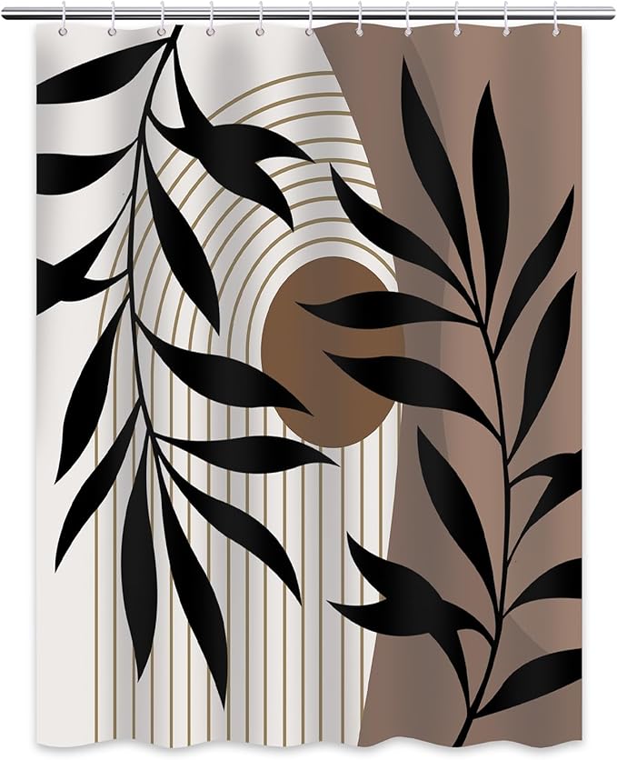 Brown Shower Curtain Boho Mid Century Dark Brown Shower Curtains for Bathroom Decor, Black and Tan Waterproof Cloth Fabric with Hooks, 60" W x 72" L