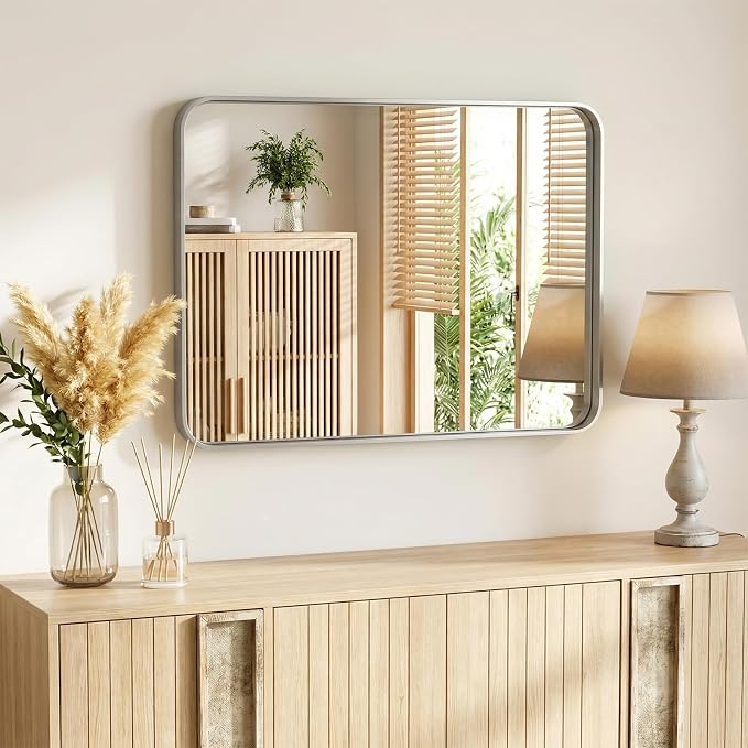 NEWBULIG 32X40 Inch Bathroom Mirror for Over Sink, Wall Vanity Mirrors Tempered Glass, Anti-Rust Metal Framed Rounded Rectangle, Hangs Horizontally or Vertically, Farmhouse Home Decor, Silvery