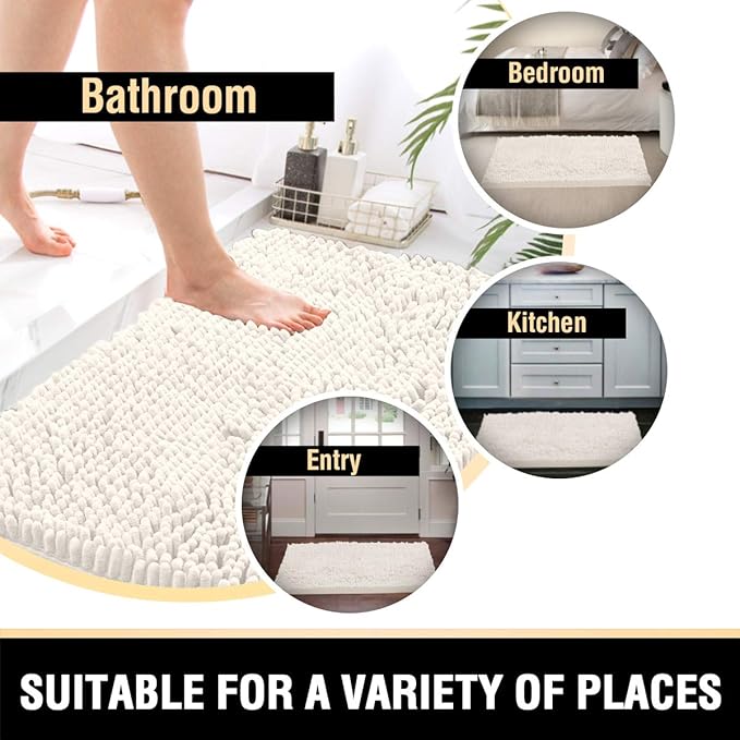 H.VERSAILTEX Bathroom Rugs, Bath Mats Non Slip Luxury Chenille Extra Soft Absorbent Shaggy, Washable Fast Dry Sets 2 Piece for Bathroom (Ivory, 20" x 32"/17" x 24")