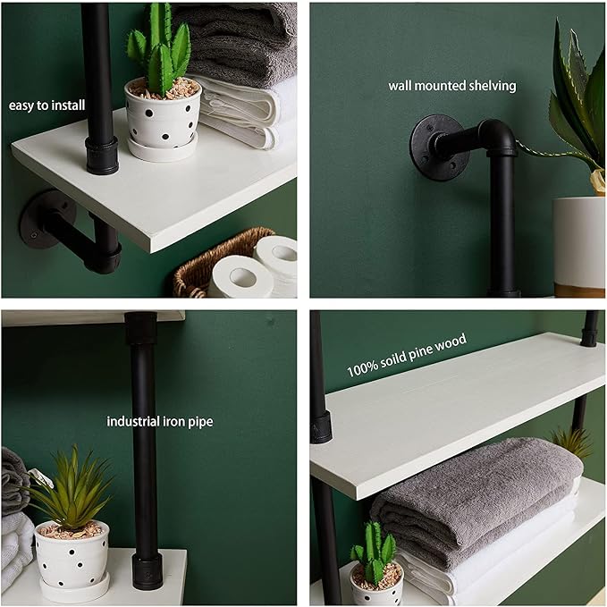 HDDFER White Floating Shelves 24 inch Pipe Wall Shelves Bathroom Shelves Over Toilet with Wood Planks Industrial Pipe Floating Shelves Farmhouse Bathroom Pipe Shelves Wall Mounted