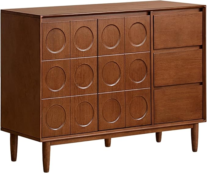 YESWOOD 100% Solid Rubberwood Sideboard Buffet Cabinet, 47'' Vintage Storage Cabinet with 3 Drawers & 2 Relief Wood Doors for Kitchen, Dining, Living Room, Teak