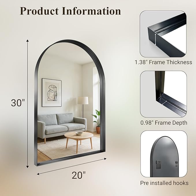 Arch Bathroom Mirror, 20"x30" Wall Mounted Vanity Mirror with Deep Frame, Tempered Glass Decor Mirror for Bathroom, Bedroom, Entryway and Living Room, Hanging or Leaning, Black