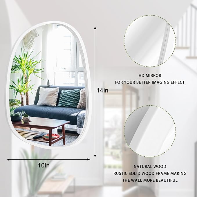 Wood Frame Hanging Wall Mirror Asymmetrical Irregular Oval Mirrors for Wall Unique Shape Decorative Artistic Mirror for Entryway Bedroom Living Room Bathroom White