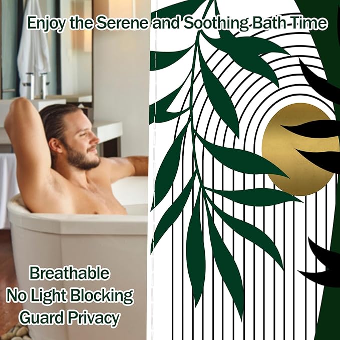 Olive Green and Gold Shower Curtain, Boho Modern Mid Century Shower Curtains for Bathroom Decor, Waterproof Fabric with Hooks, 70" W x 72" L