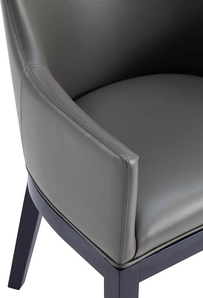 Manhattan Comfort Gansevoort Modern Faux Leather Dining Chair with Arms, Leatherette Upholstery on Solid Beech Wood Frame, Accent Furniture for Kitchen Table or Office, Set of 1, Pebble Grey