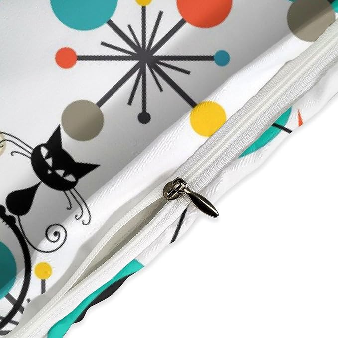 Mid Century Cat Bedding Set,Retro Black Cat Atomic Diamond Star Abstract Geometric Minimalist Simple Modern Comforter Set with Pillowcase for Bedroom Bed Decor,Twin 86"x70"