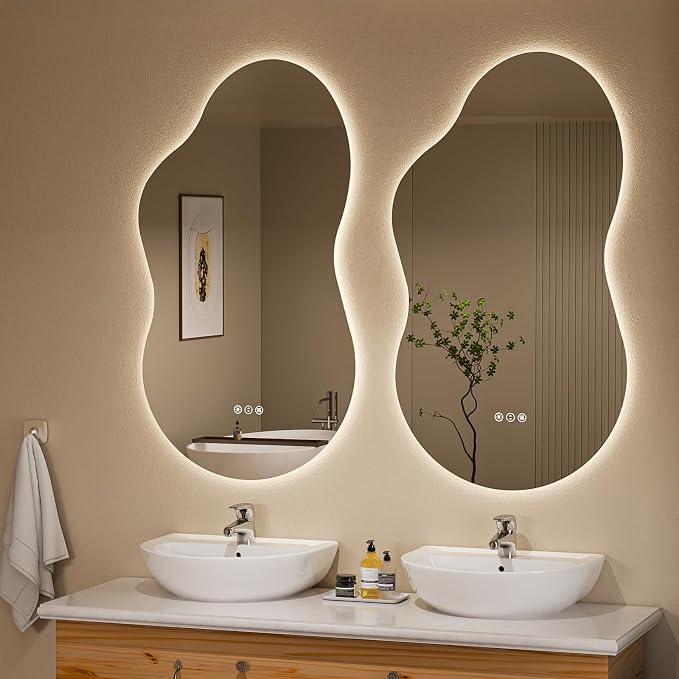 Irregular Cloud Backlit Bathroom Mirror 24x36 Inch, LED Vanity Mirror with Lights Anti-Fog, Dimmable 3 Colors, 4mm Tempered Glass, Horizontal/Vertical Wall Mount for Bathroom or Makeup Area