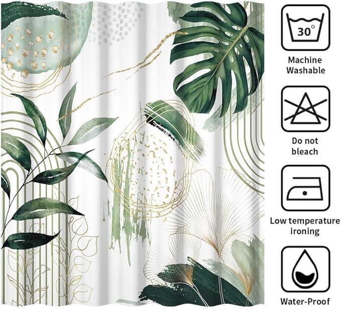 Modern Boho Shower Curtain Green Gold Tropical Palm Leaf Abstract Geometric Minimalist Aesthetic Bathroom Decor Watercolor Plant Bath Curtain Washable Waterproof Polyester Fabric with Hooks 72x84 Inch