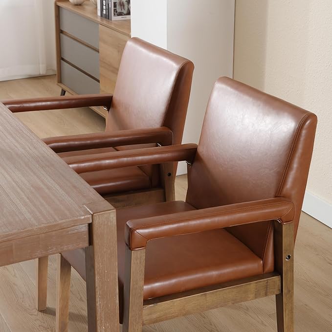 Mid Century Modern Dining Chairs Set of 6 Faux Leather Upholstered Living Room Side Chair, Kitchen Arm Chair with Solid Wood Legs for Home Kitchen & Restaurant, PU Brown