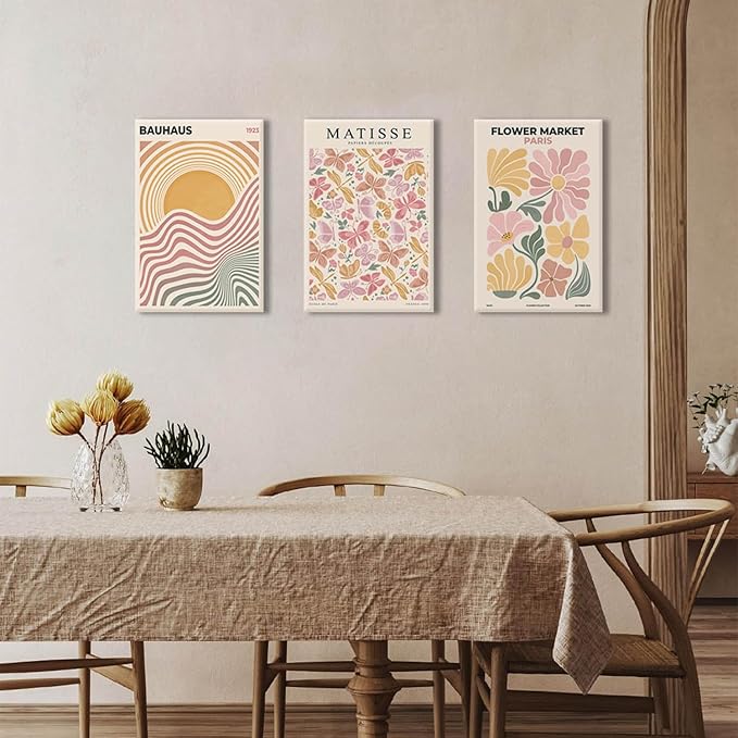 BingruiArt Boho Abstract Wall Art Yellow Canvas Flower Market Posters Set of 3 Bauhaus Pictures Matisse Print Floral Aesthetic Painting Decor for Dorm Living Room Bedroom 16"x24" Framed
