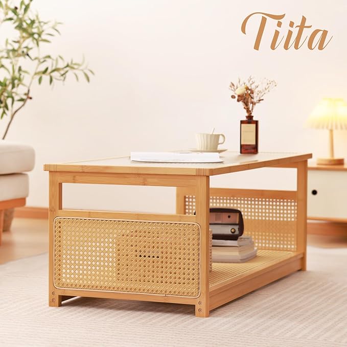 Tiita Coffee Tables for Living Room,Mid Century Modern Storage 2-Tier Coffee Tables,Rattan Glass RectangleTables,Suitable for Living Room Apartment,Wood