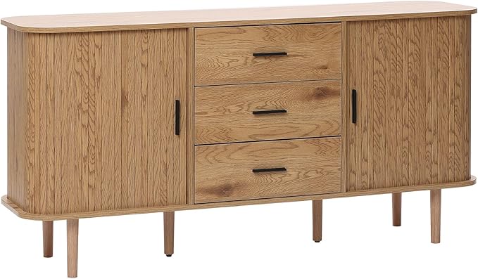 LuxenHome 59” Sideboard Buffet Cabinet with Storage, Mid Century Modern Sliding Door Sideboard Cabinet, Adjustable Shelves Wood Console Table with Storage Cabinets for Living Room, Kitchen