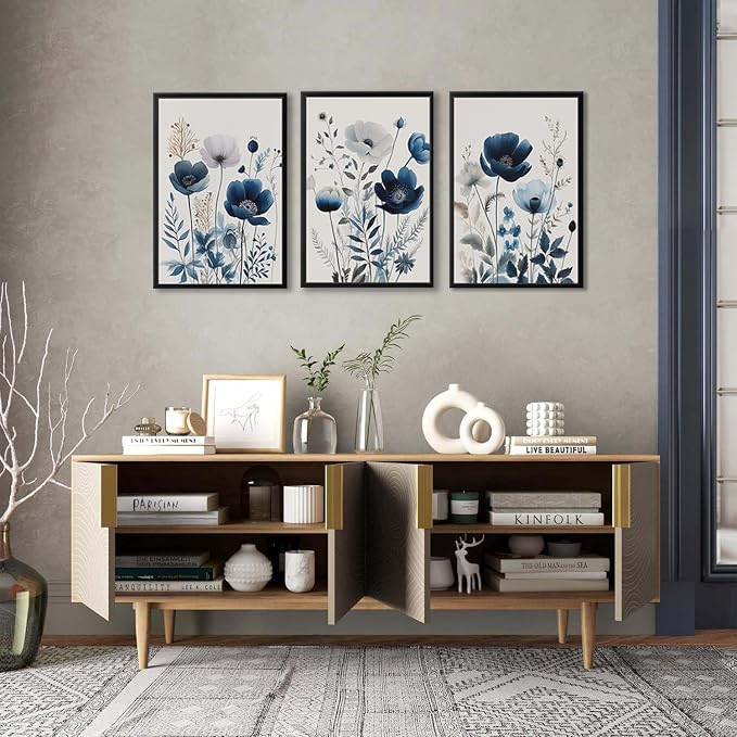 BingruiArt Navy Blue Wall Art Canvas Abstract Floral Painting Blue and Gray Posters Watercolor Flower Decor Wildflower Pictures Botanical Prints for Living Room Bedroom Bathroom 3 Pcs 16"x24" Black Framed