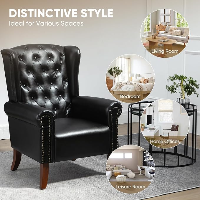 MOJAY Faux Leather Accent Chairs Set of 2, Mid-Century Modern Living Room Chairs Upholstered Club Arm Chair, Single Sofa Chair with Solid Wooden Legs for Bedroom Study Home Office Lounges (Black)