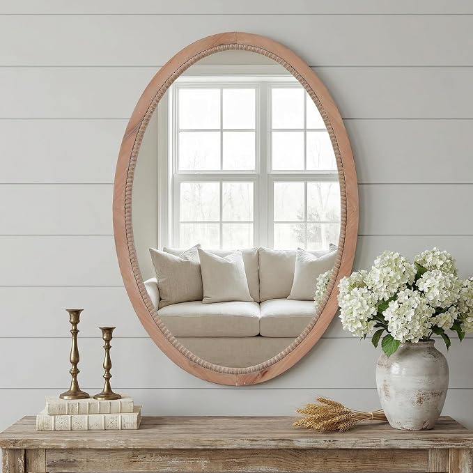 sawsile Oval Wood Mirror,20x30 inch Rustic Farmhouse Natural Wooden Frame Boho Beads Wall Mirror for Bathroom,Living Room,Bedroom or Entryway