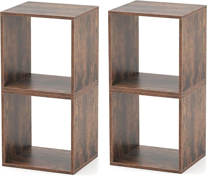 2 Stackable Cubes Bookcase, Wooden Cubby Storage Organizer with Anti-Tipping Device, Small Book Shelf for Small Space, Combination Square Bookshelf Cubes (2, Rustic Brown)