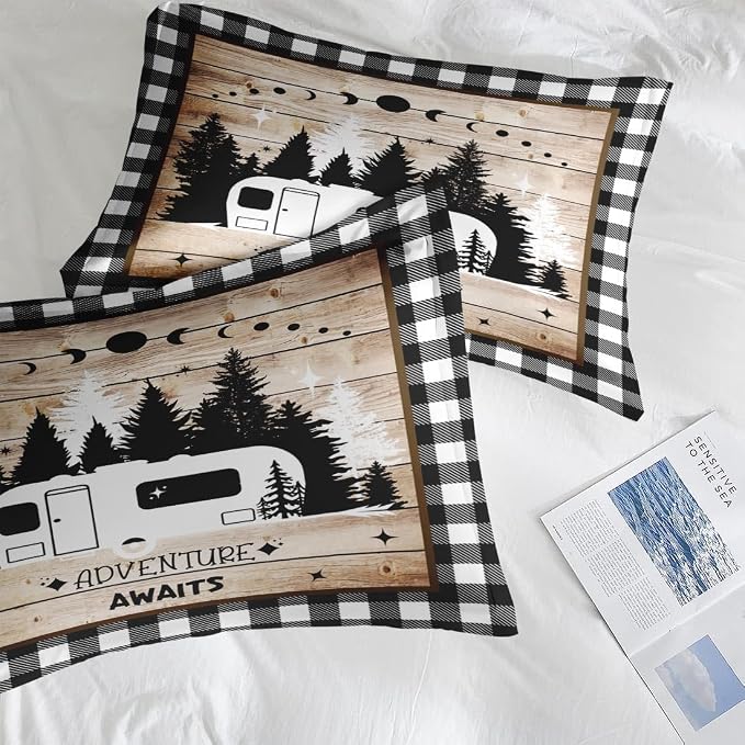 Pamnest Comforter Set Queen Size, Camper Rv Camping 7 Pcs Bedding for Kids and Adults, Car Bed Sheet Sets with Fitted Sheet 2 Pillowcases & 2 Shams for Bedroom Bed Decor