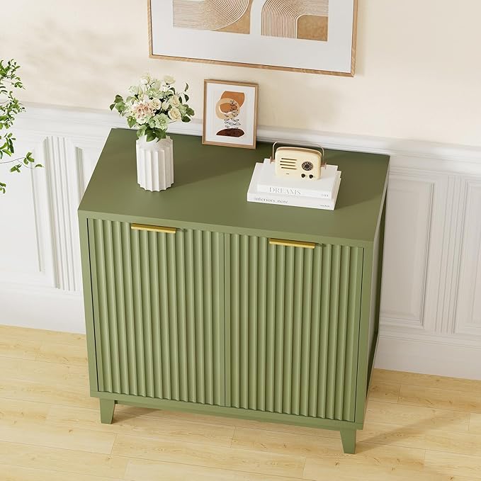 Fluted Cabinet with Storage, 2 Doors Sideboard Buffet, Mid Century Modern Accent Cabinet with Adjustable Shelves, Multifunctional Console Table with Storage for Living Room, Kitchen, Entryway, Green