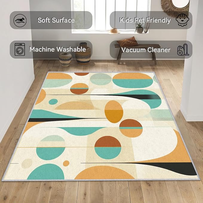 Retro Mid Century Rug 8x8, Washable Modern Geometric Rugs for Living Room Bedroom, Abstract Mid-Century Area Rug for Home Decor, Non Slip Backing Floor Carpet - 8 x 8 ft