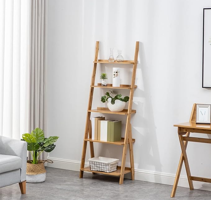 Ladder Shelf, 5-Tier Leaning Shelf, Free Standing Organizer Storage Shelves, Storage Rack Shelf for Office, Living Room, Nature