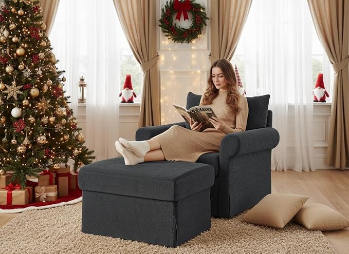 35.8" Chenille Accent Chair with Ottoman Set, Comfy Upholstered Armchair with Rolled Arms, Modern Single Reading Chair for Living Room, Bedroom, Apartment, Grey